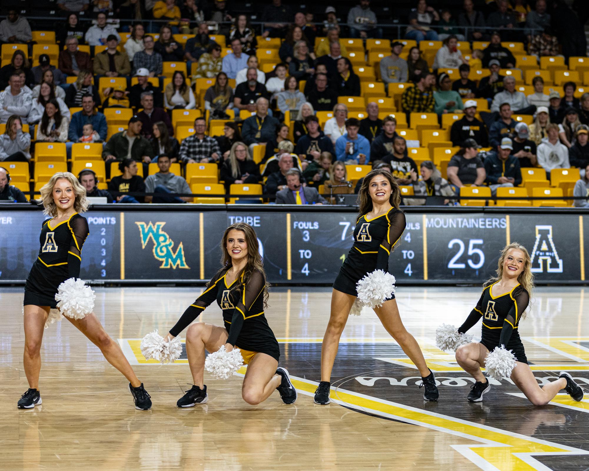 From left, Abigail Mayer, Emily Dixon, Becky Helton and Holland Stanley perform during the App State vs. William & Mary game on Nov. 24.