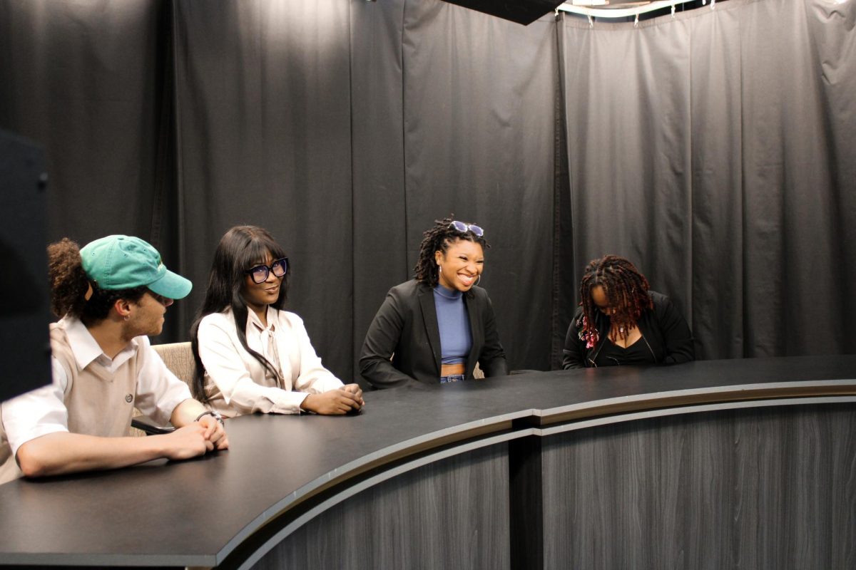  From left, Alec Woods, Lennie Vaillant, Tessa Cokley and Raya Aughtry prepare to film the show Black At App for AppTV at Beasley Media Complex on Feb. 7, 2024.