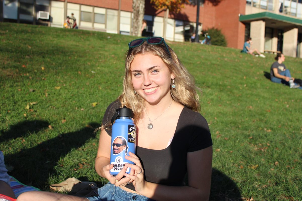 Freshman sustainable development major Caroline Copeland showcases her water bottle on Sanford Mall on Oct. 23. Copeland is a member of the Student Yosef Club and a fan of Snoop Dogg.