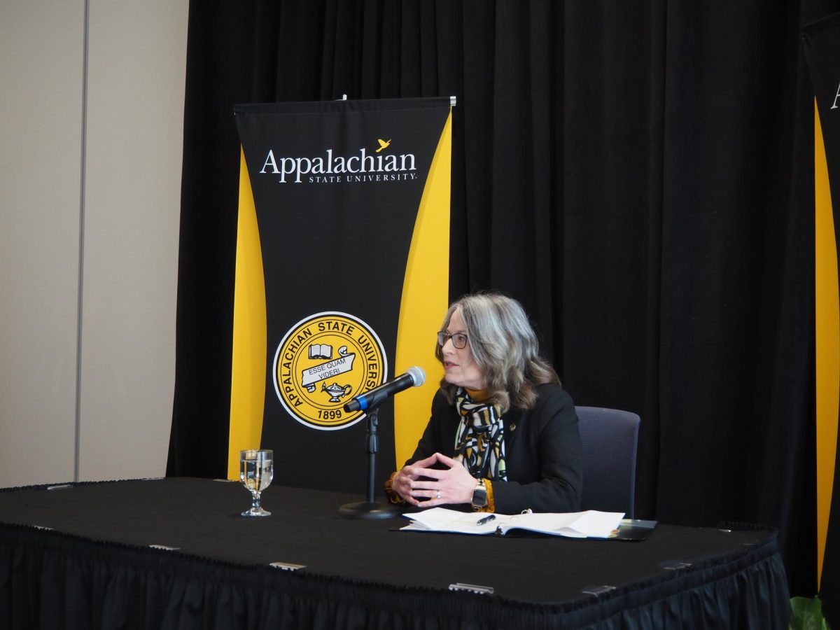 Newly elected Chancellor Heather Norris answers questions during a news conference following the celebration event on Feb. 27.