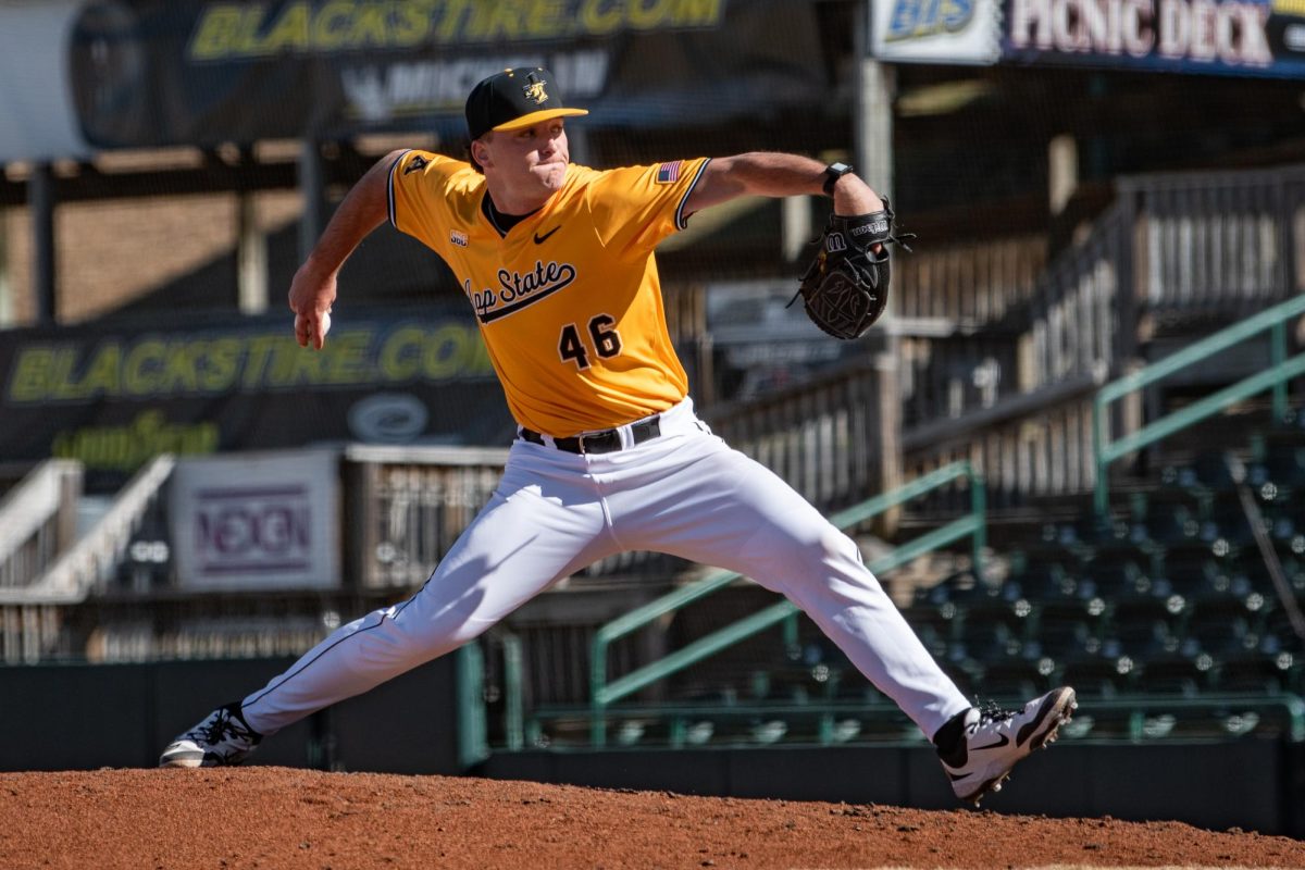 Redshirt junior right-handed pitcher Jordan Fisher pitches in the fifth inning of the game against Garner Webb at L.P. Frans Stadium on March 2.