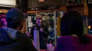 Dalton George, mayor pro tempore of the Town of Boone, answers questions from attendees at a town hall meeting on March 8 at Lily’s Snack Bar.