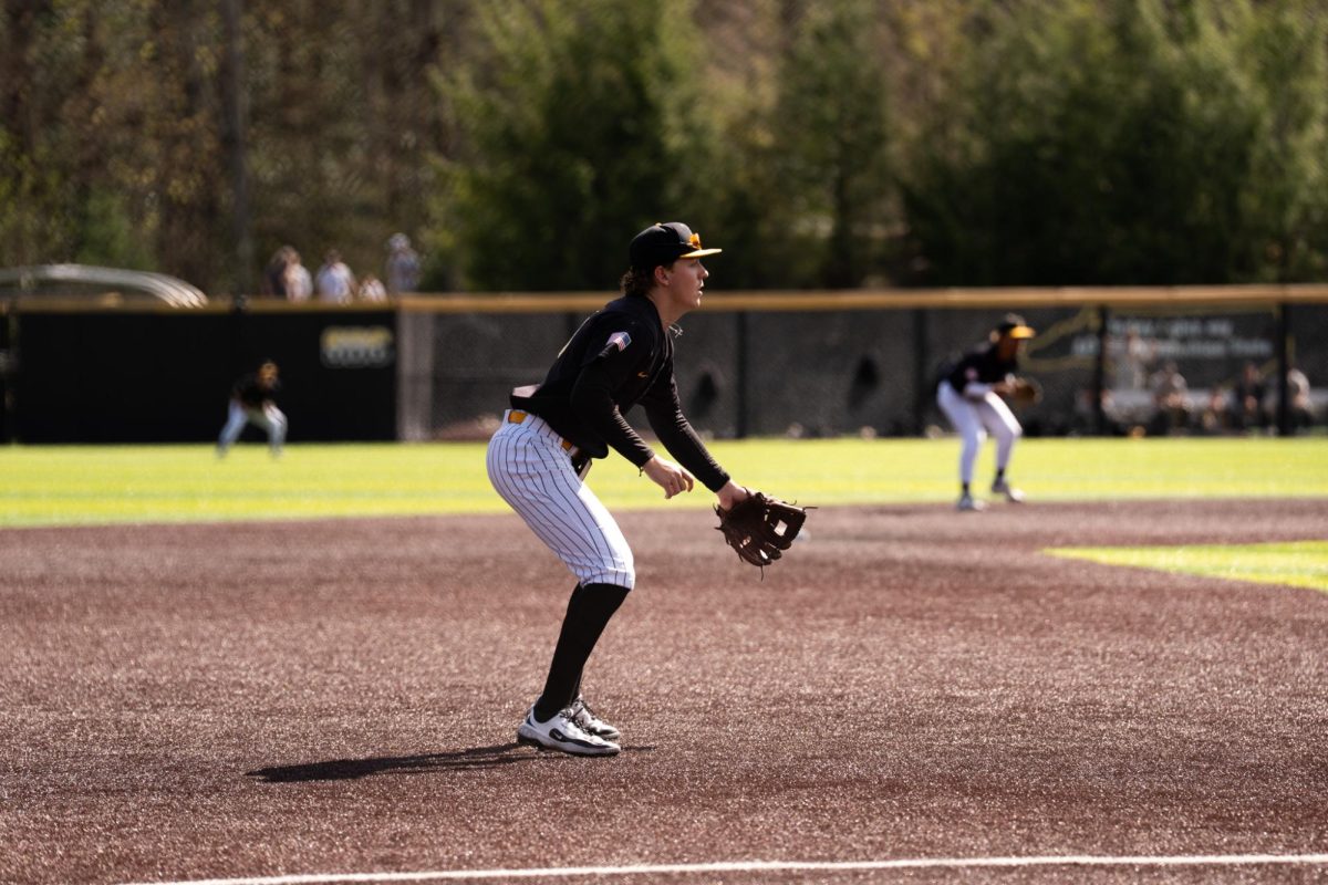 Sophomore infielder Tanner McCammon gets ready for the hit from Southern Mississippi on April 26.