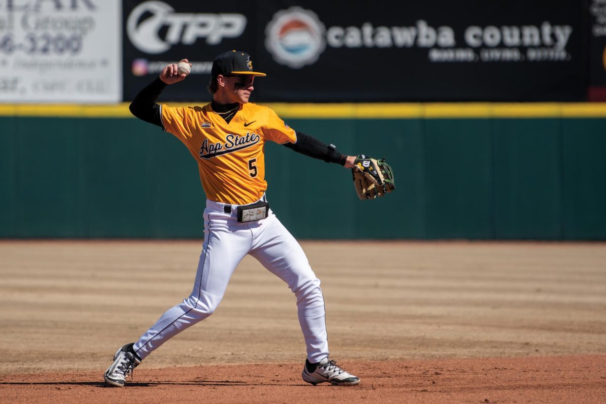Freshman infielder Tyler Lichtenberger throws the ball during the App State vs. Gardner Webb game on March 2.