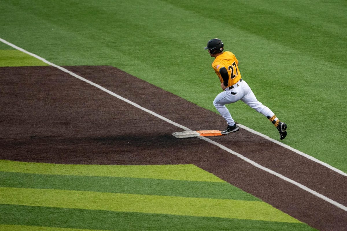 Senior catcher Braxton Church makes it to first base during the game against Southern Mississippi on April 25 at Beaver Field. 