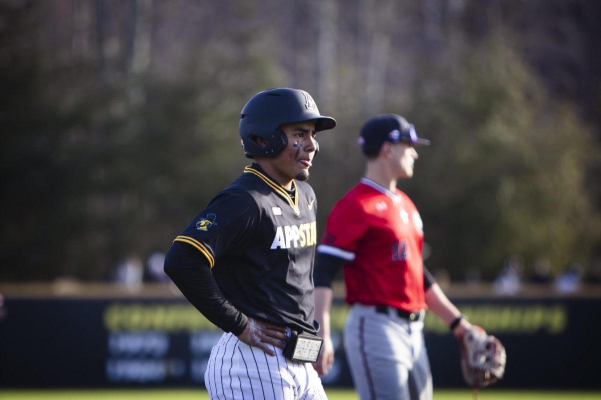 Senior infielder Joseph Zamora stands on third base during the game against Gardner Webb on March 1. In 2024, Zamora played and started in 52 games.