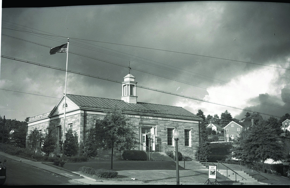 The Boone Post Office on a stormy day, seen from King Street in August 1956. Palmer Blair, courtesy of Digital Watauga.
