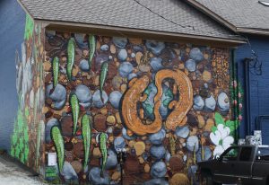 The Hellbenders mural across from the Little Wing Ice cream shop on Howard Street on Aug. 28. This depicts various native Appalachian wildlife with a focus on the vulnerable Hellbender salamander.