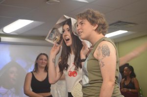Senior theatre arts major Ava Dixon, who plays Janet Weiss and junior theatre arts major Casper Zukowski, who plays Brad Majors, performing “Over at the Frankenstein Place” during a “Rocky Horror” rehearsal in Chapell Wilson Hall on Oct. 7.