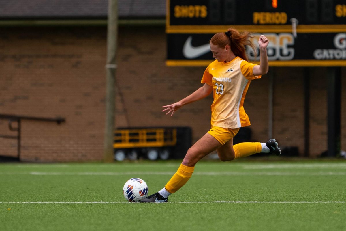 Redshirt freshman forward Maddie Williams strikes the ball in a game against East Carolina University at the Ted Mackorell Soccer Complex on Sept. 4.
