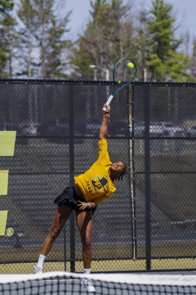 Dada-Mascoll smashes an overhead ball on App State’s home tennis courts at the Appalachian 105 Complex in Boone, NC. Dada-Mascoll ruled the home turf this season with eight solo and six duo wins in Boone.