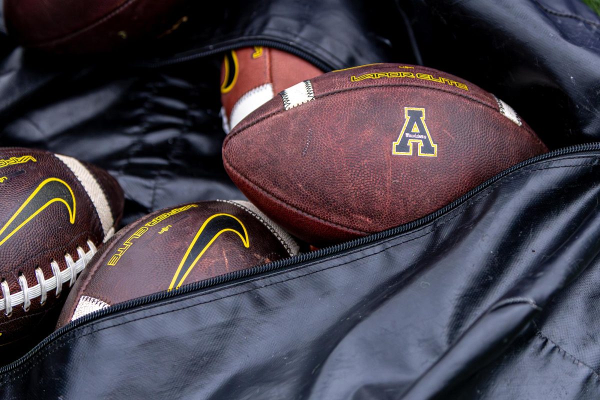 An open App State ball bag showing the block A logo and Nike logo sits out during warmups at Bridgeforth Stadium on Nov. 15. 
