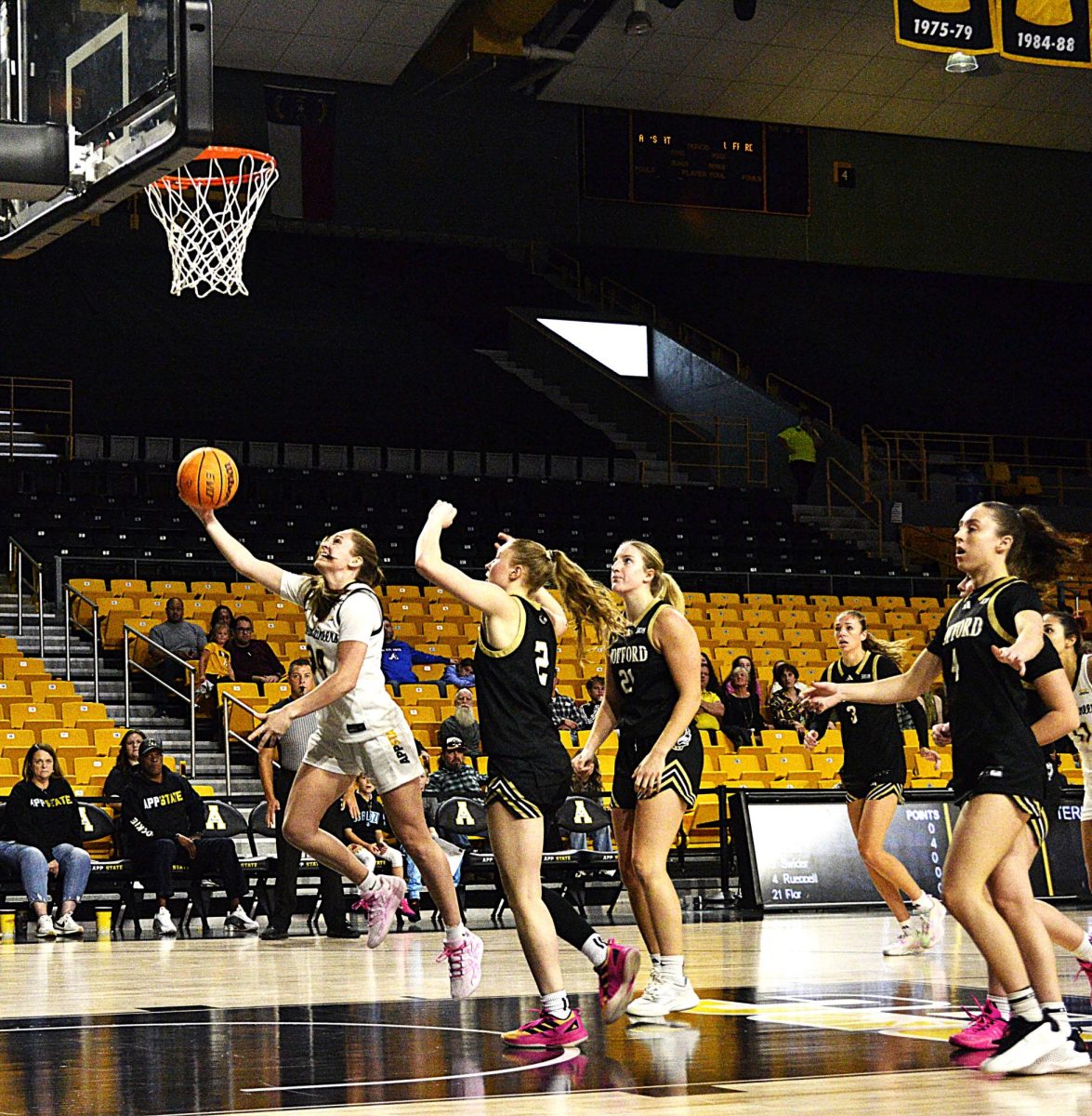 Senior guard Emily Hege breaks away for a layup in App State’s game against Wofford College at Holmes Convocation Center on Nov. 16. During this game, Hege made 4 field goals, 3 3-point shots and 2 assists against their opponents.