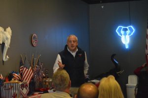 Michael Whatley being introduced by a speaker at a public meet and greet at the Wilkes County Republican Headquarters in Wilkesboro on Oct. 25.