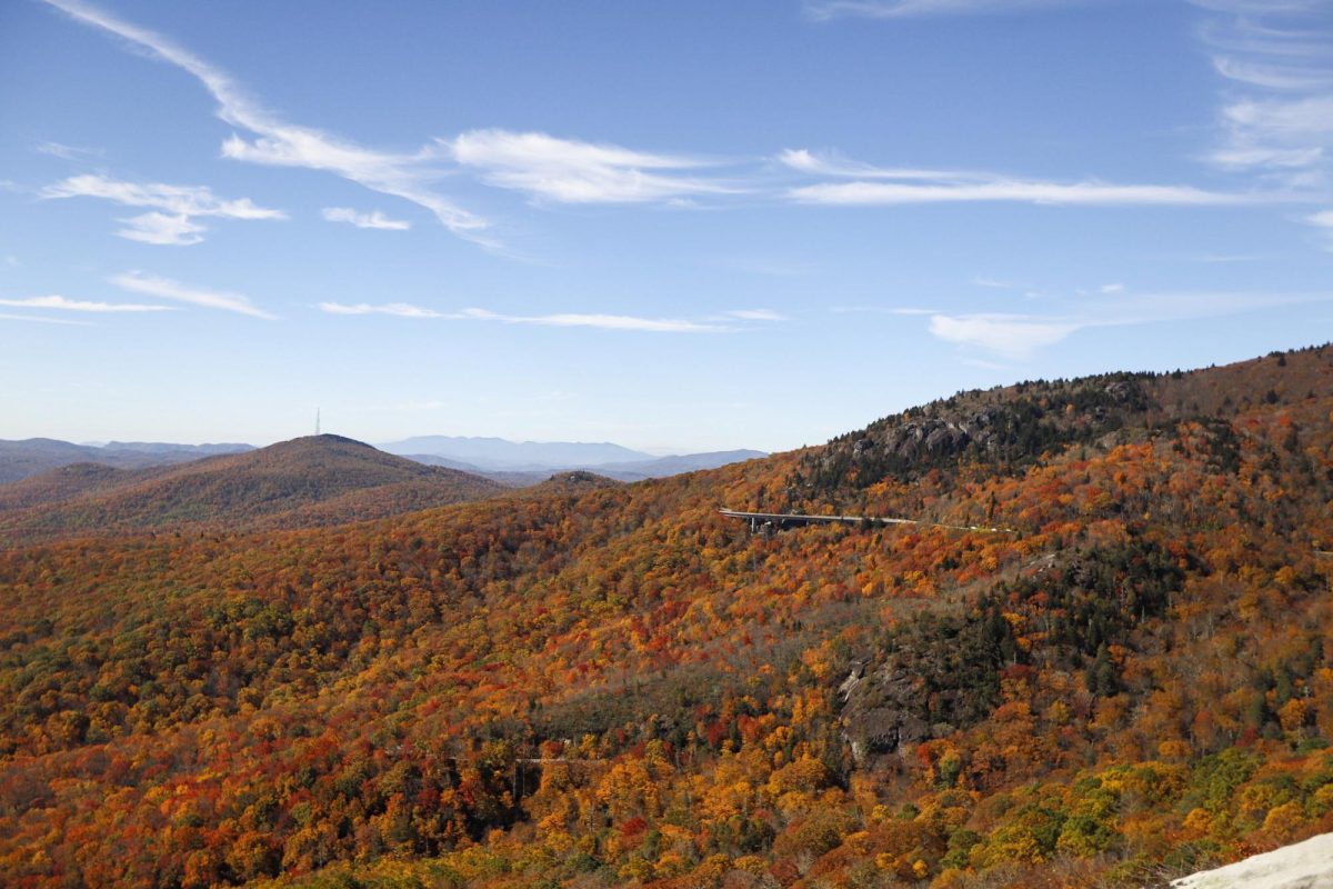 Looking west at the Linn Cove Viaduct from the Rough Ridge Overlook on Oct. 17.

