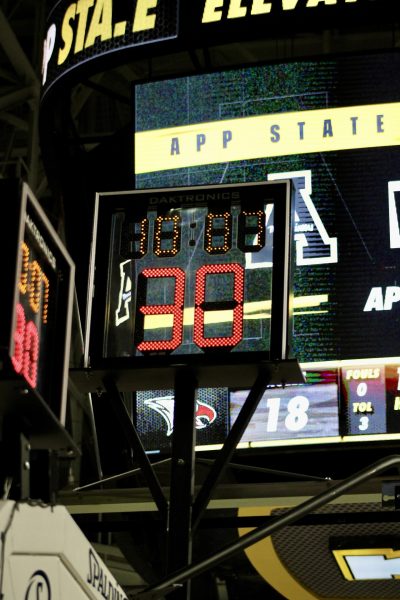 The shot clock counting down the time left over in halftime during the game against North Carolina Central University in the Holmes Convocation Center on Nov. 9.  