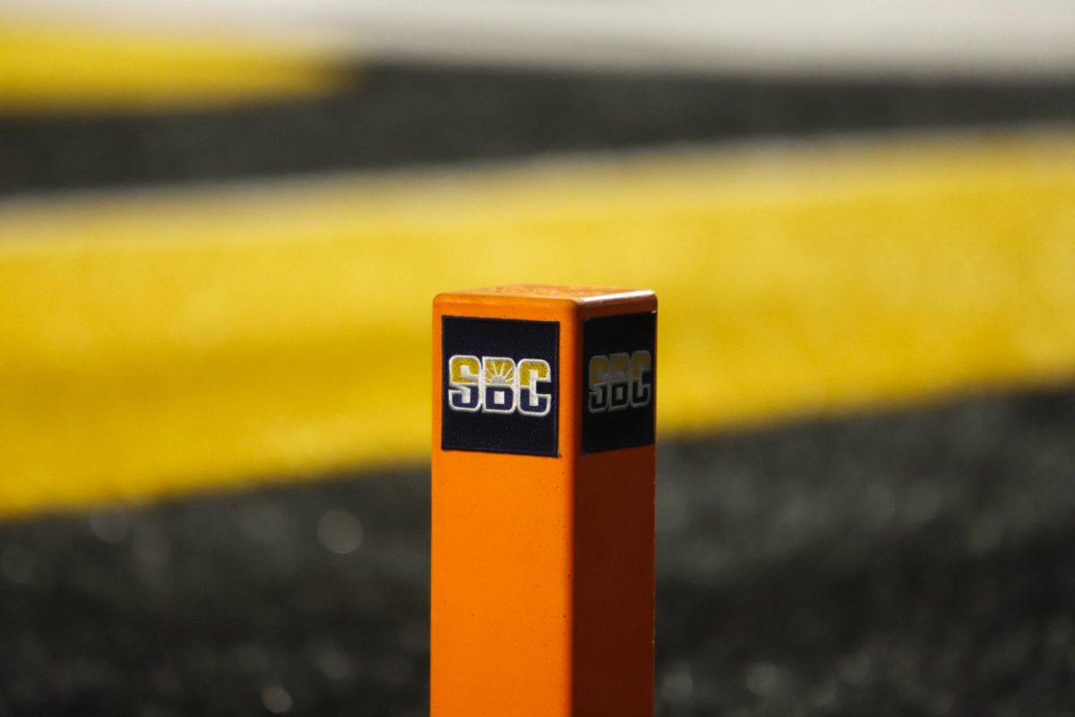 A Sun Belt Conference pylon sits at the end zone of Kidd Brewer Stadium during the game against Georgia Southern University on Nov. 6.