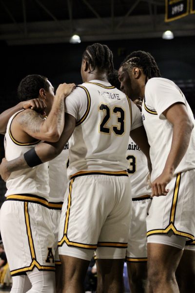 Players huddling up before the second half of the game against North Carolina Central University in the Holmes Convocation Center on Nov. 9. 