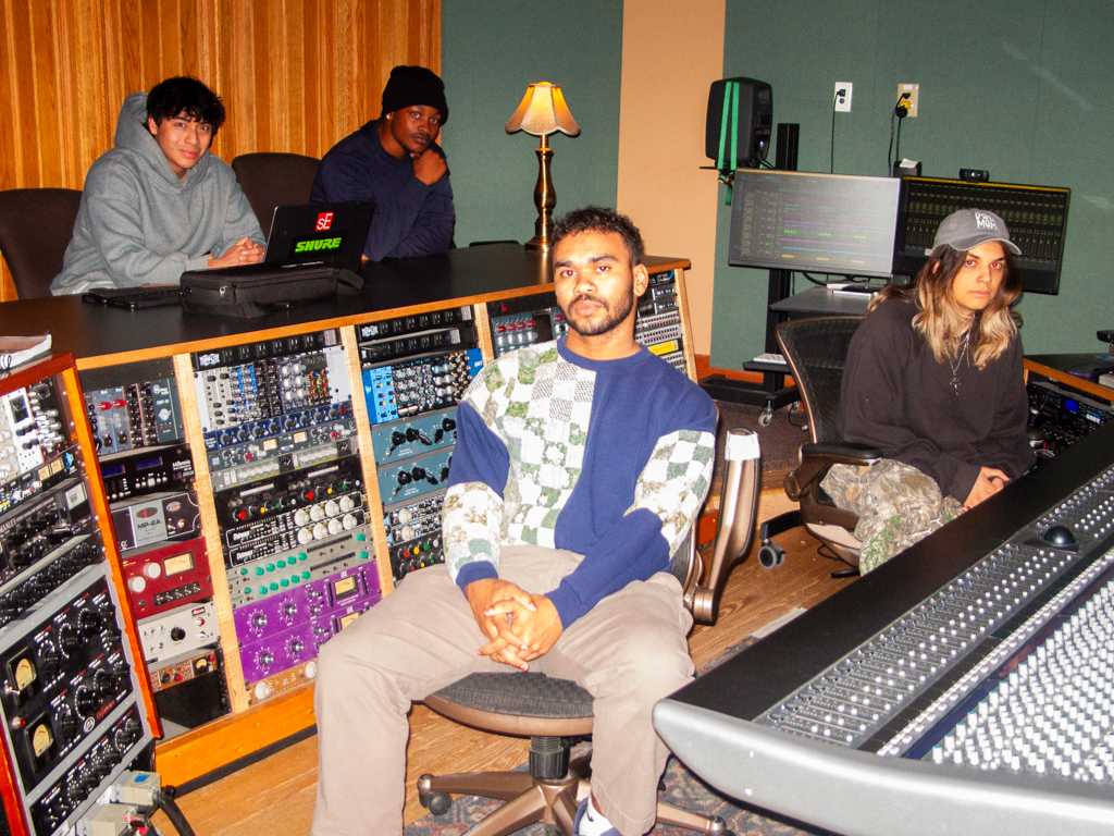 People of Color Sound Engineering Club members, from left, Rafael Vinnik,
Jay Archie, Harrison Stanley and Dani Cefalo in Broyhill Music Center on Jan. 15.