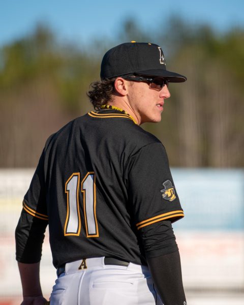 Redshirt sophomore outfielder Dillon Moquin stands on the field at L.P. Frans Stadium on Feb 14, 2025. 