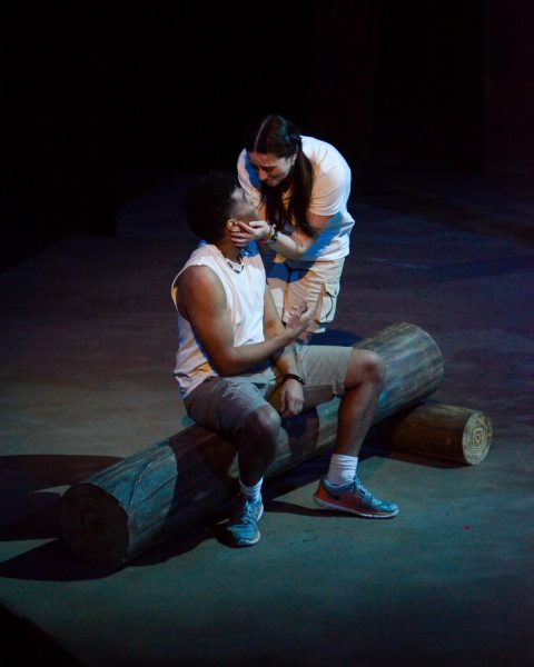 Characters Adrian (Sean El-Koussa) and Becca (Anabel Merriam) embrace after having a conflict between their love and Christ at Valborg Theater on Feb. 24.