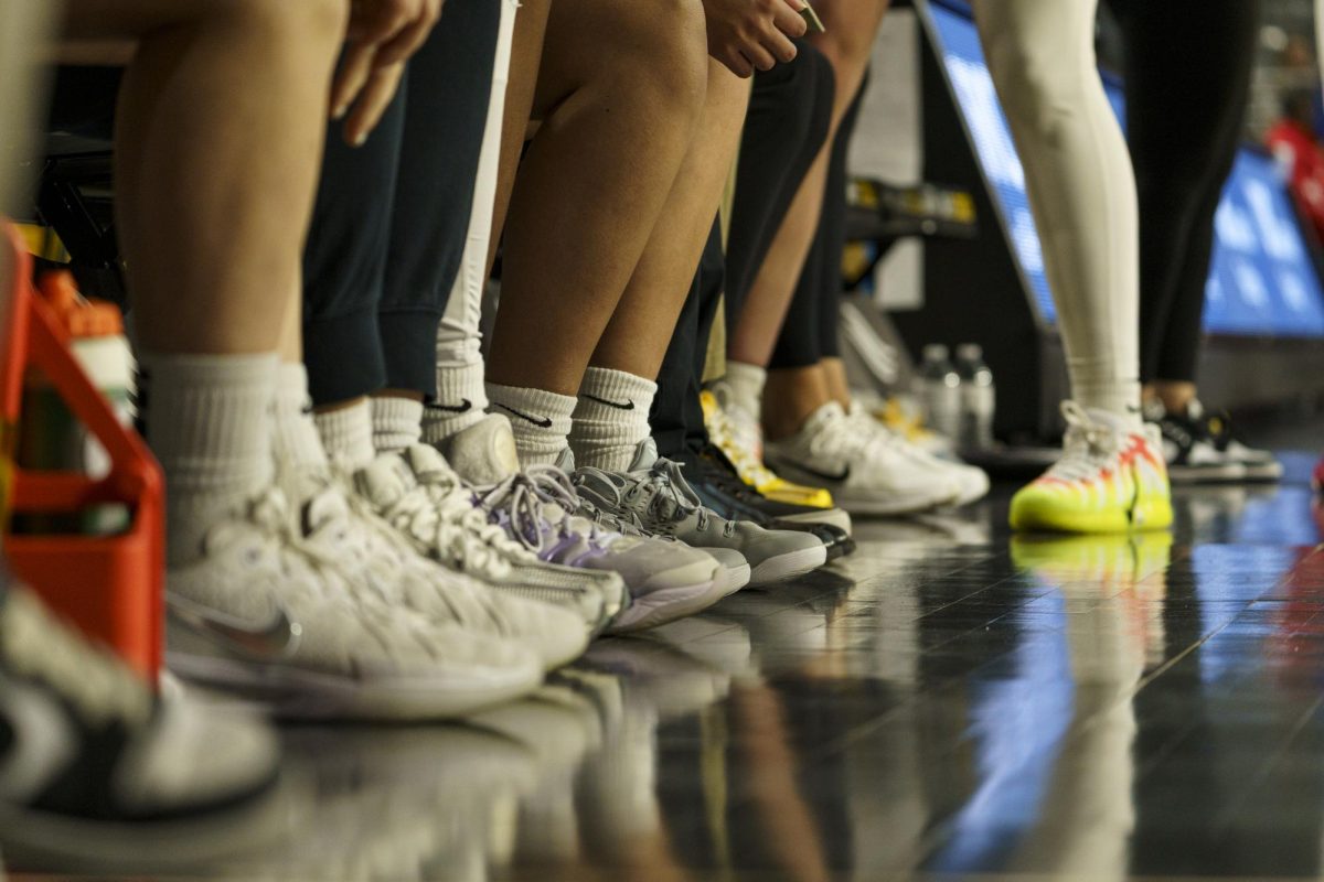 The Mountaineer's women basketball bench lineup in Holmes Convocation Center.
