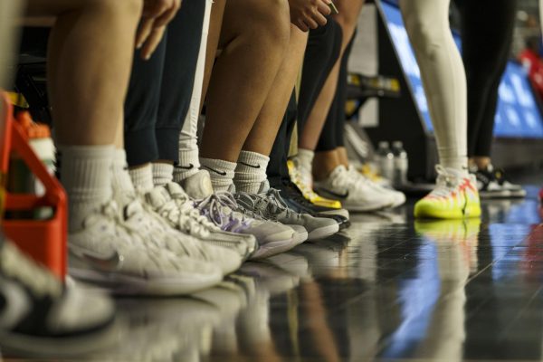 The Mountaineer's women basketball bench lineup in Holmes Convocation Center.
