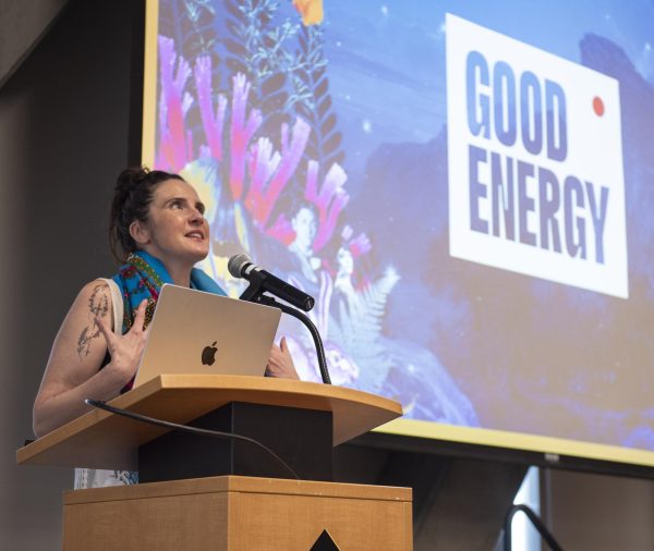 Anna Jane Joyner gives a presentation on storytelling in the age of climate change at the Parkway Ballroom in the Plemmons Student Union on March 19. 