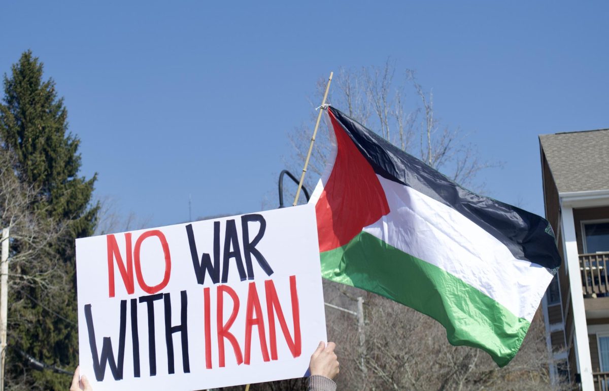 Signs fly high in the air next to the Palestine flag at the Iran War Protest on Mar. 1.