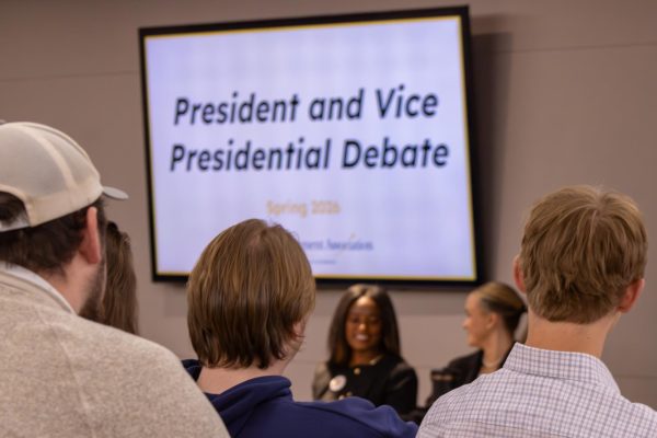 Students and faculty gather in Plemmons Student Union to watch and participate in the Student Government Association presidential debate on March 24. 