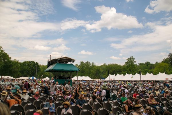 A packed audience for an early Saturday set from Buffalo Traffic Jam at MerleFest in Wilkesboro April 25.
