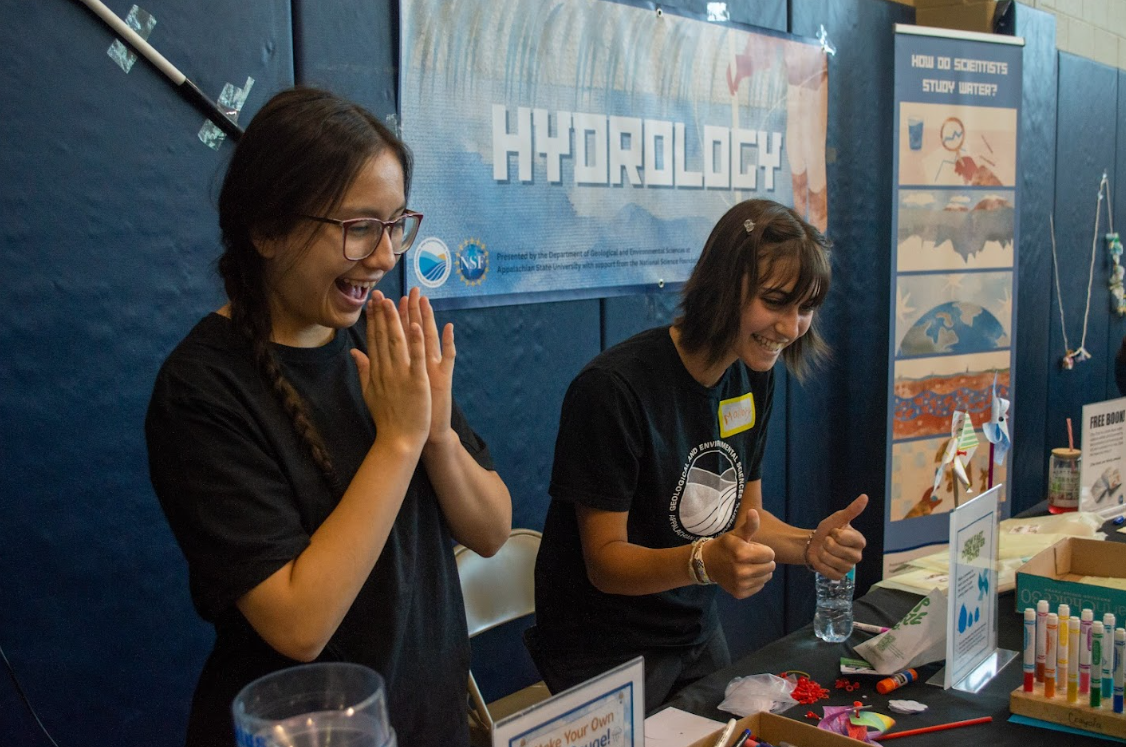 Volunteers at BuildFest who are a part of the geological and environmental programs at App State host a build-your-own water gauge station that demonstrates how water moves on April 18. 