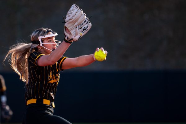 Senior pitcher Sophie Moshos pitches against Gardner-Webb at Sywassink/Lloyd Family Stadium on April 7. 